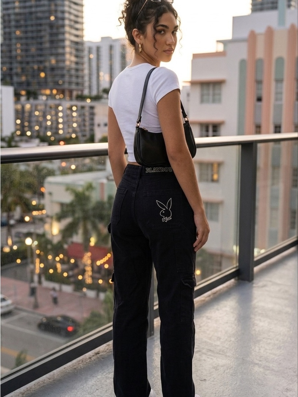 Playboy by PacSun Black Cargo Pants Bunny Logo Y2K Wide Leg Size 24